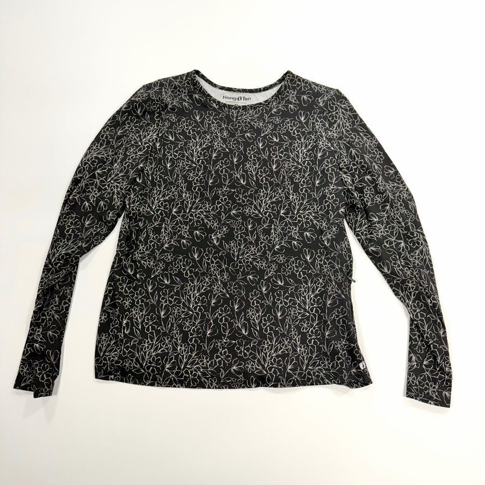 Hang Ten Black and White Floral Long Sleeve swim rash guard Top XL